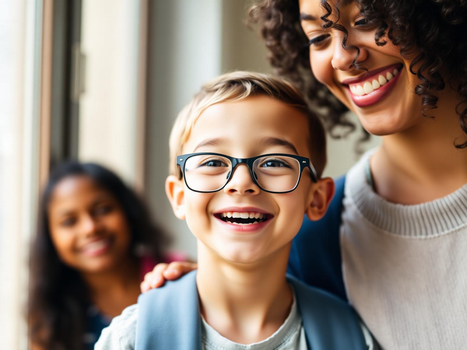 Smiling child wearing prescription glasses with family